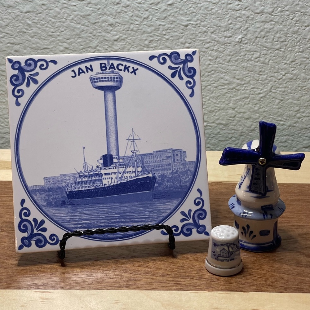 Delft Blue Mini Set, Tile, Windmill & Thimble, Dutch Ceramic Collectibles